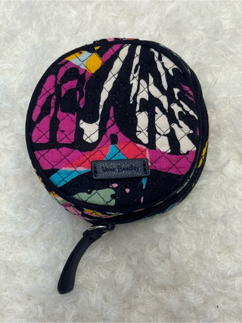 Vera Bradley Quilted Round Coin Case in Black, Pink & Teal Floral Print
